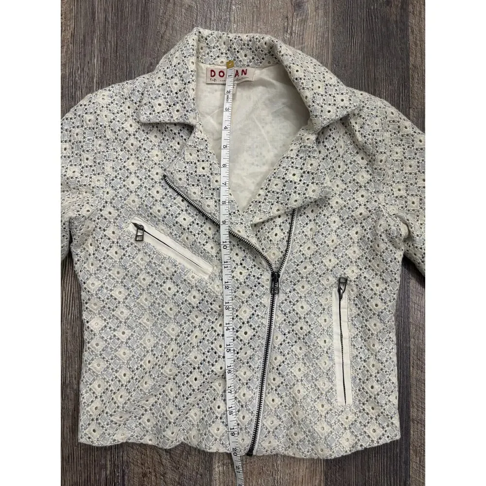 Dolan Left Coast Collection Eyelet Moto Jacket Cream Blue Cotton XS 173140‎